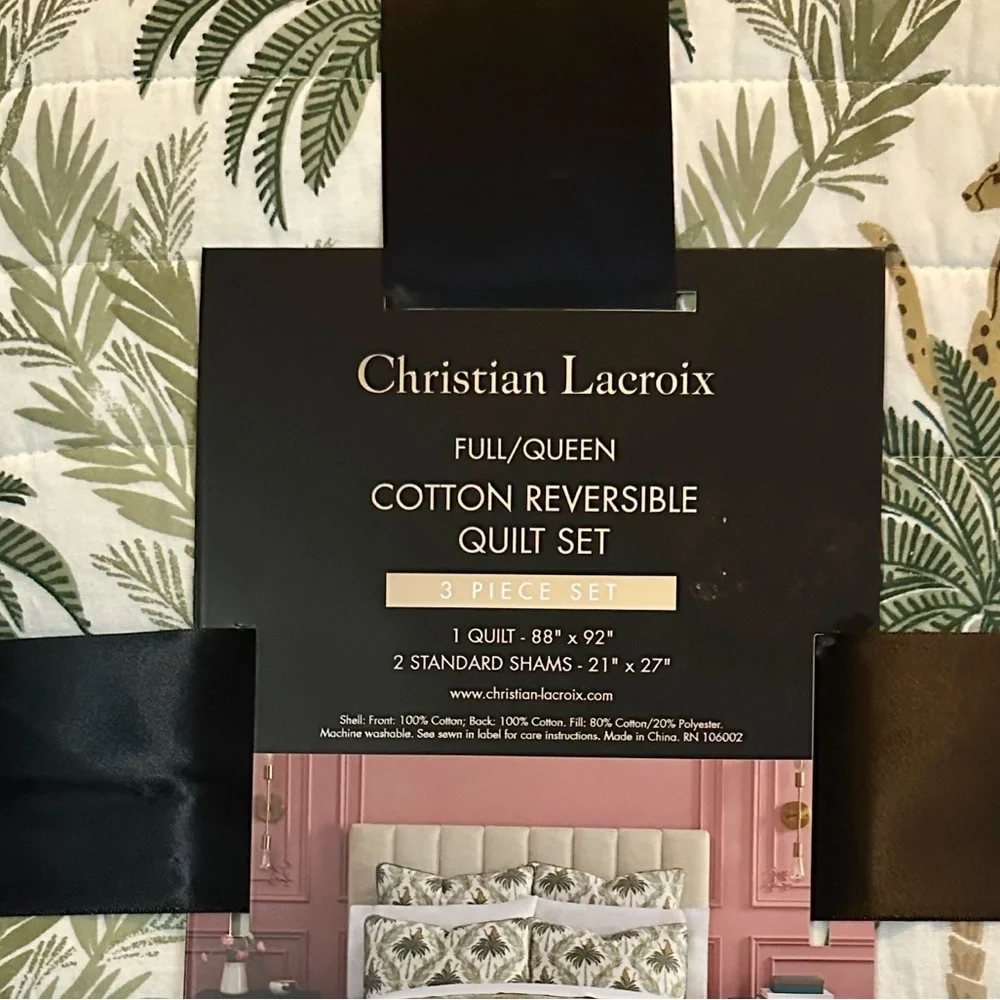 3pc CHRISTIAN LACROIX PalmLeopard Print Cotton Reversible Quilt Set - Green